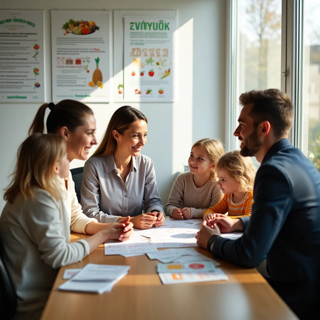 Pracownik biura wyjaśniający benefity żywnościowe.
